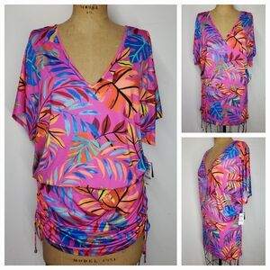Bar III Size XL NEW Swim Cover-up Paradise Palms Floral Pink Elastic Adjustable